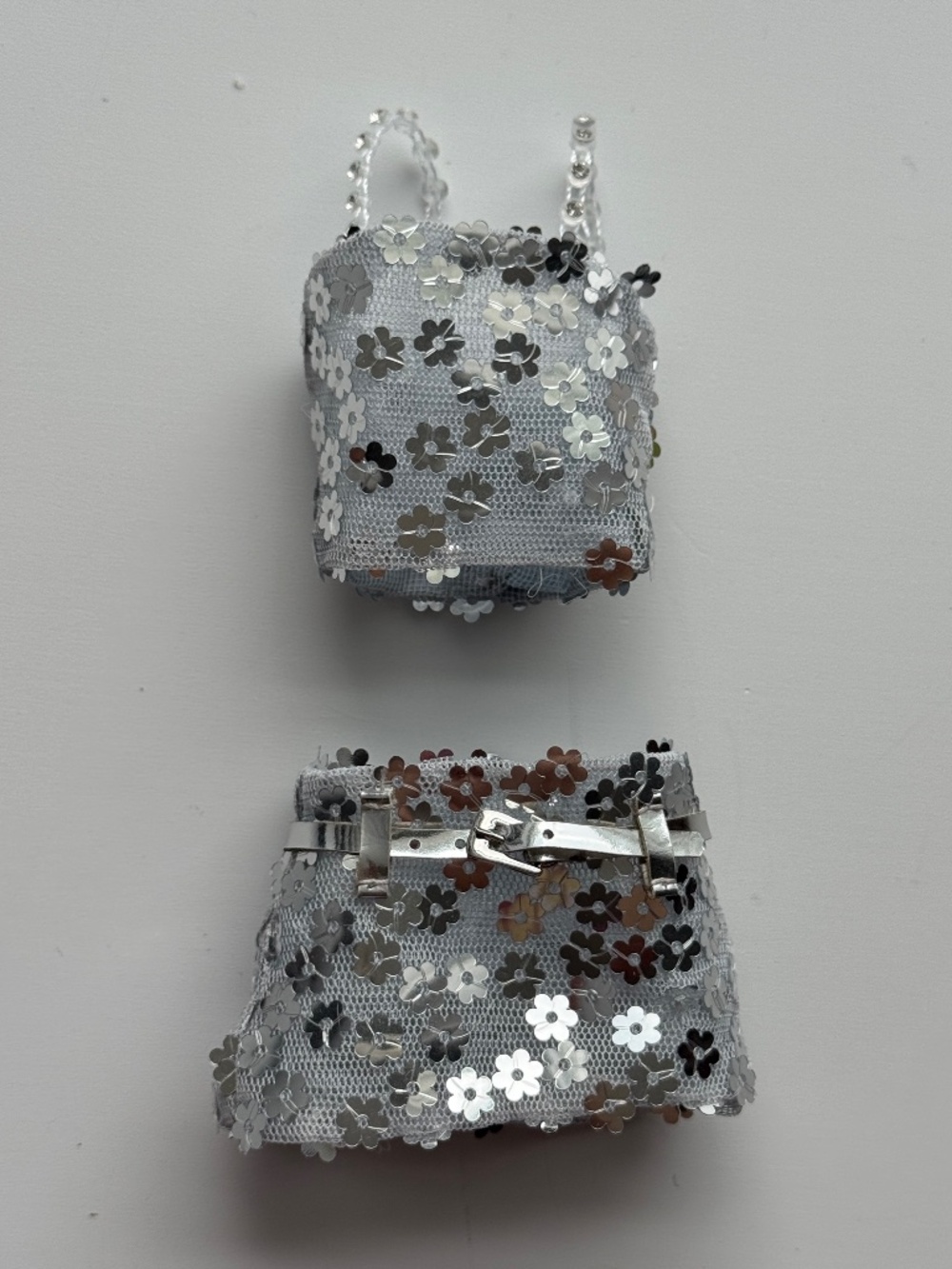 Integrity NU Face FR Baby Blue Imogen Top Mini Skirt Belt Silver Sequin NU.Face